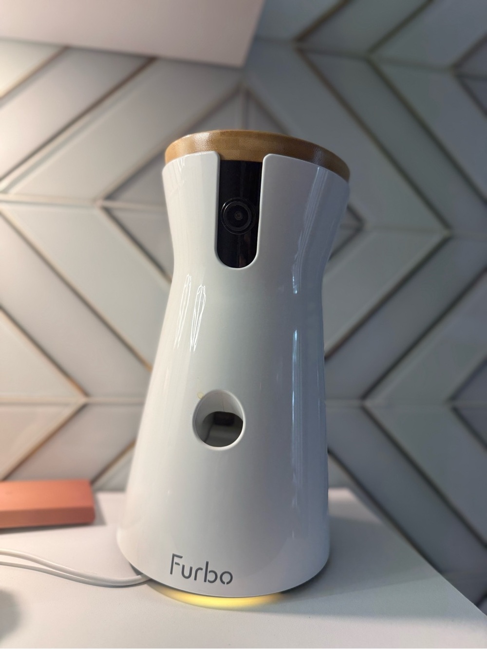 Furbo Dog Camera with Treat Dispenser - White and Natural Wood